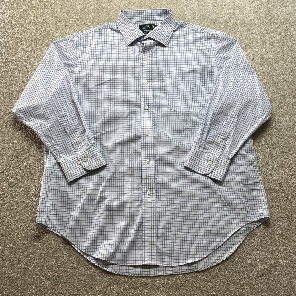 Lauren Ralph Lauren Shirt Mens 17.5 34 35 Blue White Check Classic Fit Non Iron